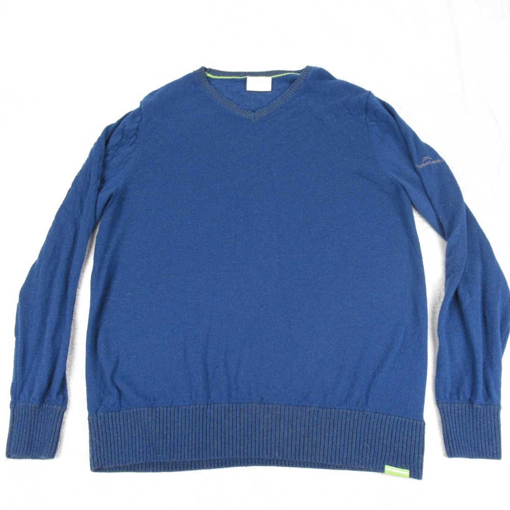 Kathmandu Merino Wool Sweater Mens Large Blue V-Neck Rib Trim Knit Pullover READ